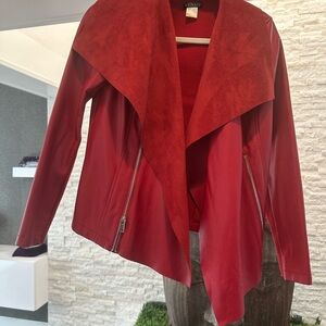 VENUS Red Faux Leather Jacket oversized lapel wrap zipper ribbed sweater XS